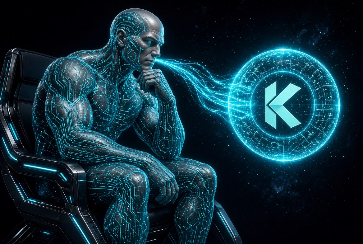 The original THEN cybernetic thinker contemplating a radiant Kaspa orb