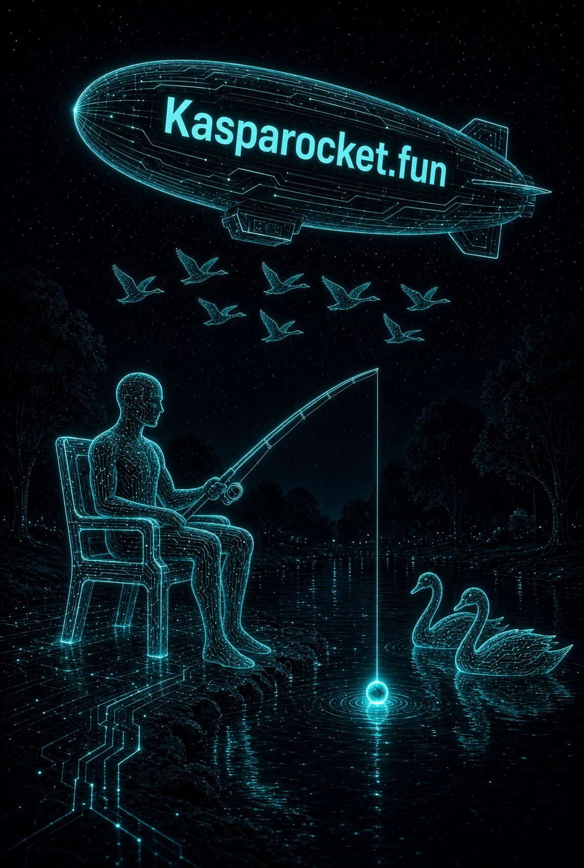 A circuit figure fishing under a teal KaspaRocket airship with swans on the water